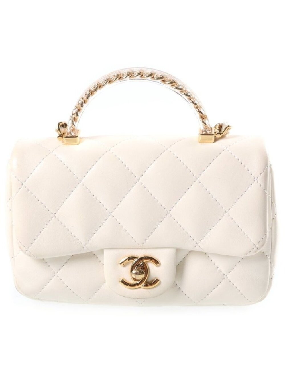 Chanel Quilted Clear Handle Chain 2-Way Mini Shoulder Bag White Lambskin Gold